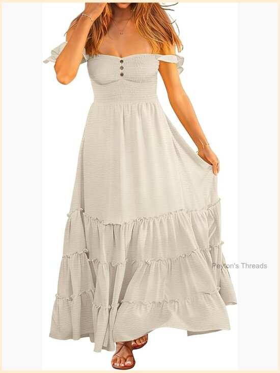 Dresses & Skirts - Off Shoulder Maxi Dress Smocked Backless Flowy Tiered Beach Sundress